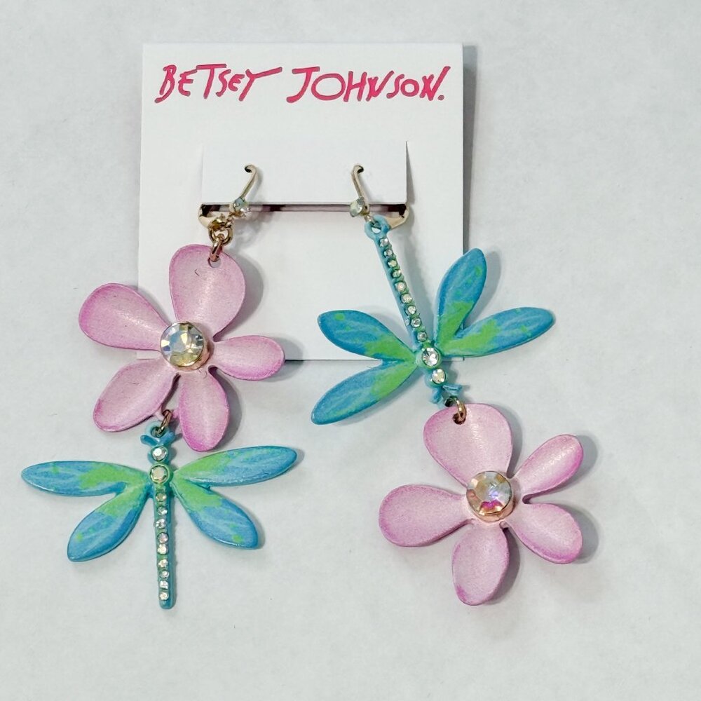 Betsey Johnson NWOB Flower Dragonfly Dangle Mismatch Earrings - Picture 3 of 8
